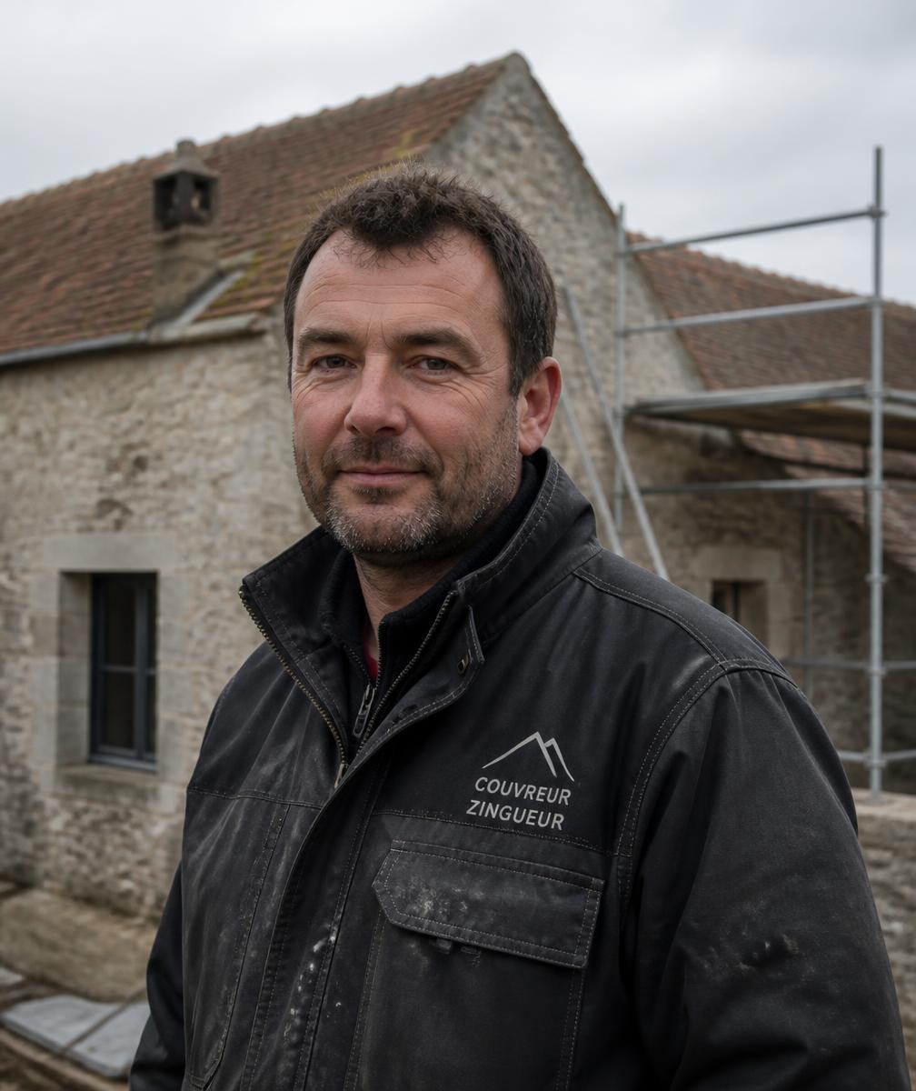William, artisan couvreur zingueur de WB Habitat, devant un chantier de rénovation